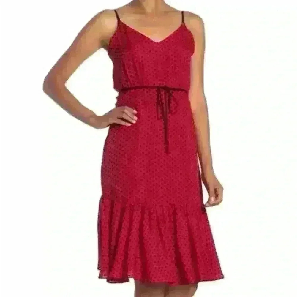 Milly Tiffany Scarlet Red With Black Polka Dots Silk Midi Dress Size 2